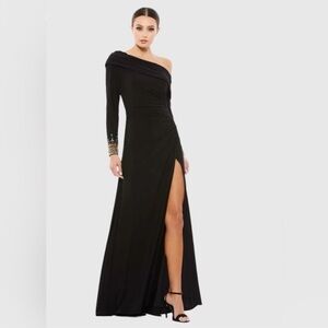 MAC Duggal Black Drop Shoulder Evening Gown with Embellished Cuff Size 6 New